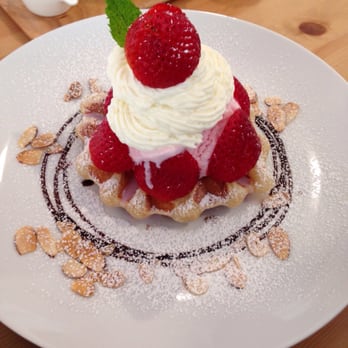 Cafe Maji - Waffle Sunday: Waffle topped with strawberry ice cream, cream cheese, strawberries and almonds. - Coffee & Tea Near Me - Artesia, California Cafe Maji - Waffle Sunday: Waffle topped with strawberry ice cream, cream cheese, strawberries and almonds. - Coffee & Tea Near Me - Artesia, California