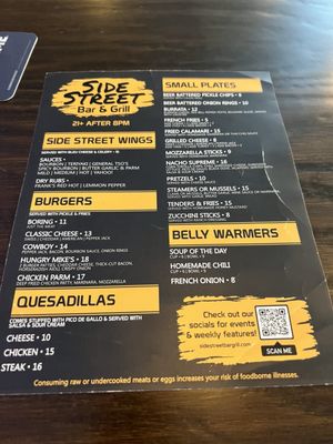 Menu photo 1 SideStreet Bar & Grill Dingmans Ferry, PA