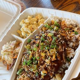 Burger steak, Mac salad, slaw