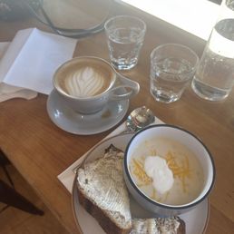 potato soup (seasonal) and latte
