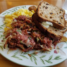 Corned beef hash, scrambled eggs, home fries and raisin toast, all for just under $10! Corned beef hash, scrambled eggs, home fries and raisin toast, all for just under $10!