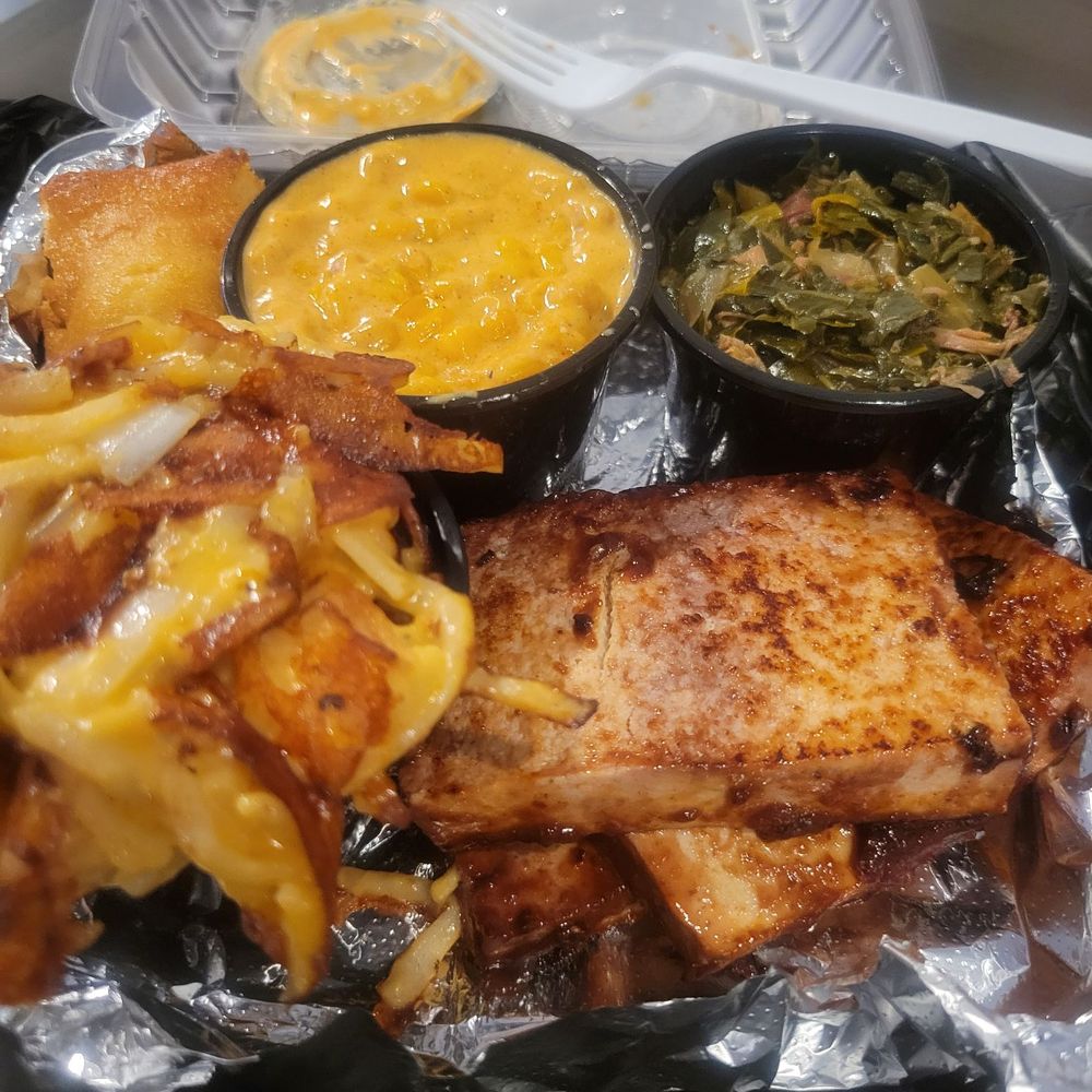 Smoked BBQ Co. - Smoked tofu platter with cream corn and jalapenos, chessy potatoes with bacon, greens and cornbread. - Street Vendors Near Me - Charlottesville, Virginia Smoked BBQ Co. - Smoked tofu platter with cream corn and jalapenos, chessy potatoes with bacon, greens and cornbread. - Street Vendors Near Me - Charlottesville, Virginia