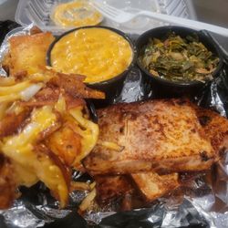 Smoked BBQ Co. - Smoked tofu platter with cream corn and jalapenos, chessy potatoes with bacon, greens and cornbread.