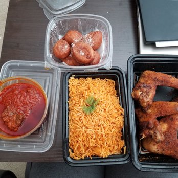 Fusion Vibes Kitchen + Lounge - Stewed beef, jollof rice, chicken suya wings, red velvet puff puff dessert - African Near Me - Richardson, Texas