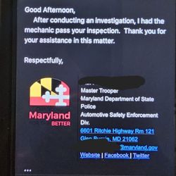 Dobbin Auto Repair - MD State Police response regarding inspection.