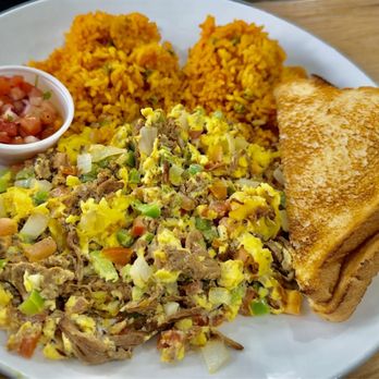 Broken Yolk Cafe - Machaca with all Mexican Rice (no refried beans).  White toast instead of tortilla. - Breakfast & Brunch Near Me - La Verne, California