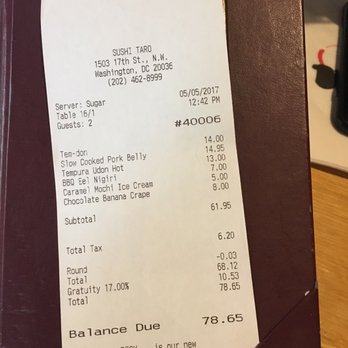 Sushi Taro - I got17% charged on 2 people and the employee can not tell me clearly why. - Sushi Bars Near Me - Washington, DC, District of Columbia Sushi Taro - I got17% charged on 2 people and the employee can not tell me clearly why. - Sushi Bars Near Me - Washington, DC, District of Columbia