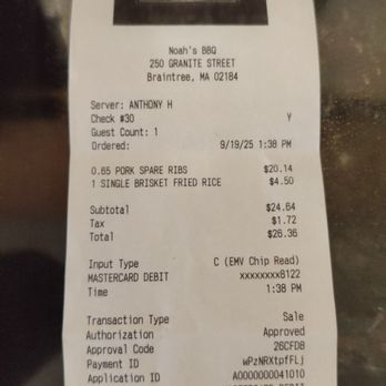 Noah's BBQ - And as you can see the half pound of ribs was supposed to be 15.99 I got .65 lbs and it was $20.14 for just the ribs. - Barbeque Near Me - Braintree, Massachusetts Noah's BBQ - And as you can see the half pound of ribs was supposed to be 15.99 I got .65 lbs and it was $20.14 for just the ribs. - Barbeque Near Me - Braintree, Massachusetts