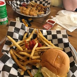 Oxford Burger Company - Cheese Burger an shrimp basket with fries .