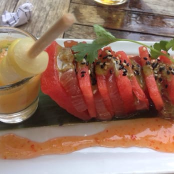 The Cottage - Tuna tiradito with Tuna and watermelon. The combination sounds odd but it was scrumptious - New American Near Me - Sarasota, Florida The Cottage - Tuna tiradito with Tuna and watermelon. The combination sounds odd but it was scrumptious - New American Near Me - Sarasota, Florida