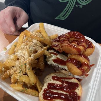 Chef Von & Mom - Single Rodeo Burger w/fries - cooper cheese, Big Von's candied bacon, crispy beer battered onion rings & bbq sauce drizzle - New American Near Me - Scranton, Pennsylvania Chef Von & Mom - Single Rodeo Burger w/fries - cooper cheese, Big Von's candied bacon, crispy beer battered onion rings & bbq sauce drizzle - New American Near Me - Scranton, Pennsylvania