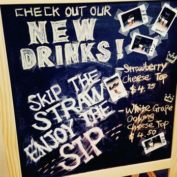 Sweetea - Sign introducing new drinks 'Strawberry Cheese Top' $4.25 and 'White Grape Oolong Cheese Top' $4.50 - Bubble Tea Near Me - Las Vegas, Nevada Sweetea - Sign introducing new drinks 'Strawberry Cheese Top' $4.25 and 'White Grape Oolong Cheese Top' $4.50 - Bubble Tea Near Me - Las Vegas, Nevada