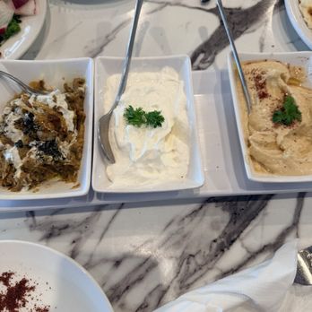 Shandez Persian Grill - Appetizer combo. Eggplant, shallot yogurt, hummus. - Persian/Iranian Near Me - Houston, Texas