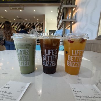 Better Buzz Coffee - Matcha tea latte with banana cold cream, mango strawberry refresher, nitro cold brew - Coffee & Tea Near Me - Santa Ana, California