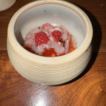 Matsu - One of the most amazing dishes we have tried this year; kampachi and raspberry.  We loved this dish! - Japanese Near Me - Oceanside, California