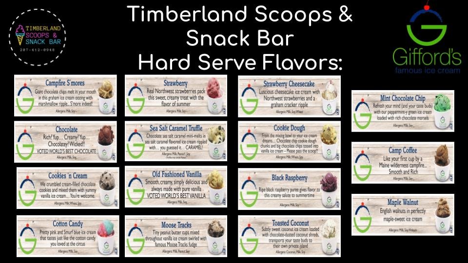 TIMBERLAND SCOOPS & SNACK BAR 57 Bar Harbor Rd, Trenton, Maine Ice