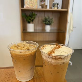 Malaya - Left to right: Pandan Latte, Malaya Signature Latte - Coffee & Tea Near Me - Los Angeles, California