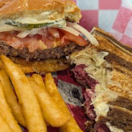 Cheeseburger, fries, and Reuben