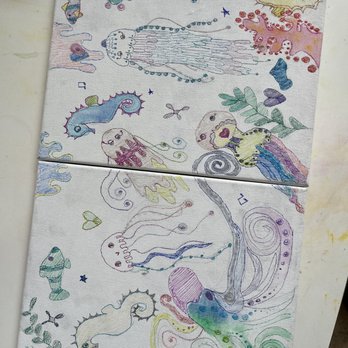 Mich Paints - 9 year old under the sea diptyque painting in process on canvas using sharpie and watercolor. - Commissioned Artists Near Me Mich Paints - 9 year old under the sea diptyque painting in process on canvas using sharpie and watercolor. - Commissioned Artists Near Me