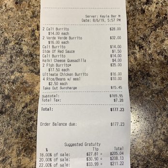 Verde - Charged take out surcharge $15.45 and they charged tax on top of the take out surcharge!!! 10% not ethical.... - Mexican Near Me - Lihue, Hawaii Verde - Charged take out surcharge $15.45 and they charged tax on top of the take out surcharge!!! 10% not ethical.... - Mexican Near Me - Lihue, Hawaii