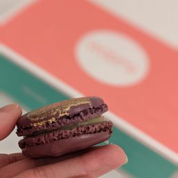 a hand holding a chocolate macaron