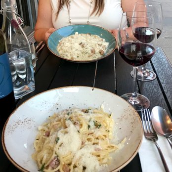 Bon Gusto - Carbonara (one of the best we've ever eaten), mushroom risotto and barbera wine. - Italian Near Me - London, XGL