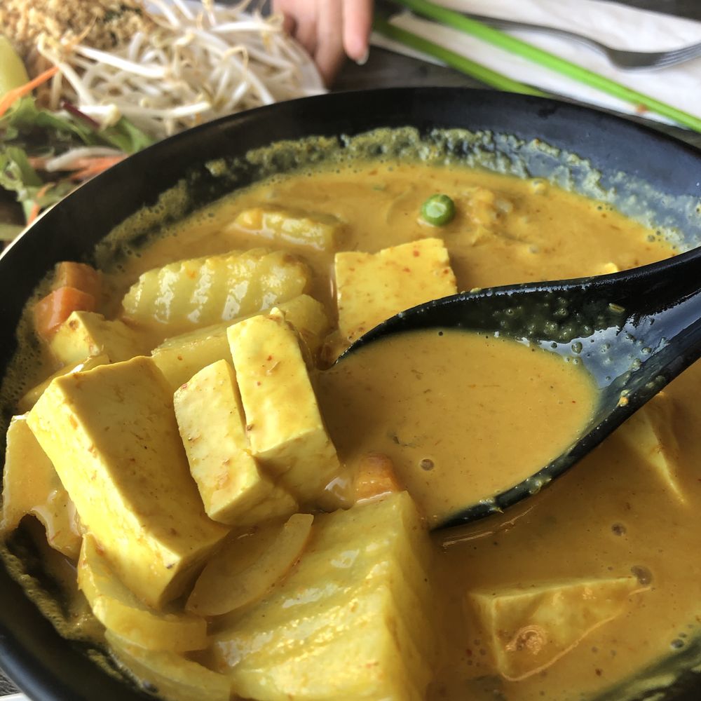 My Vegan - Yellow curry $11 - excellent, spiced well, not heavy nor light. Heavenly with brown rice. Chunks of protein - Thai Near Me - Pasadena, California My Vegan - Yellow curry $11 - excellent, spiced well, not heavy nor light. Heavenly with brown rice. Chunks of protein - Thai Near Me - Pasadena, California