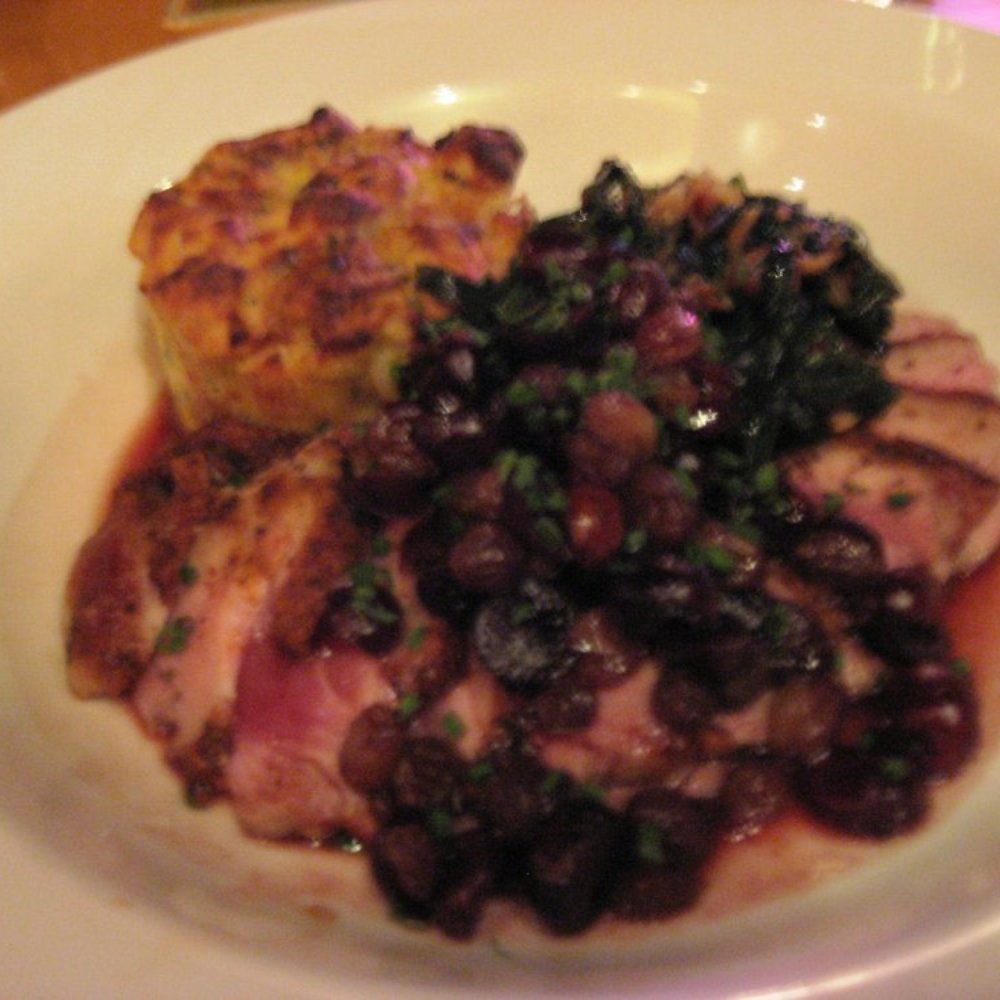 Zocalo - Seared duck breast w/ manchego carmelized onion bread pudding, braised swiss chard, chipotle port compote - New American Near Me - Charlottesville, Virginia Zocalo - Seared duck breast w/ manchego carmelized onion bread pudding, braised swiss chard, chipotle port compote - New American Near Me - Charlottesville, Virginia