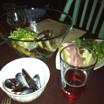 Hopfields - Mussels and frites (special), jambon sandwich with camembert, and Thirsty Goat - Pubs Near Me - Austin, Texas