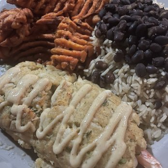 Island Fish - Stuffed Shrimp with crabmeat with chefs rice, black beans and sweet potato fries. - Seafood Near Me - Marathon, Florida