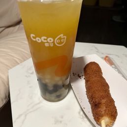 Mango green tea with boba and lychee boba and original Korean corn dog