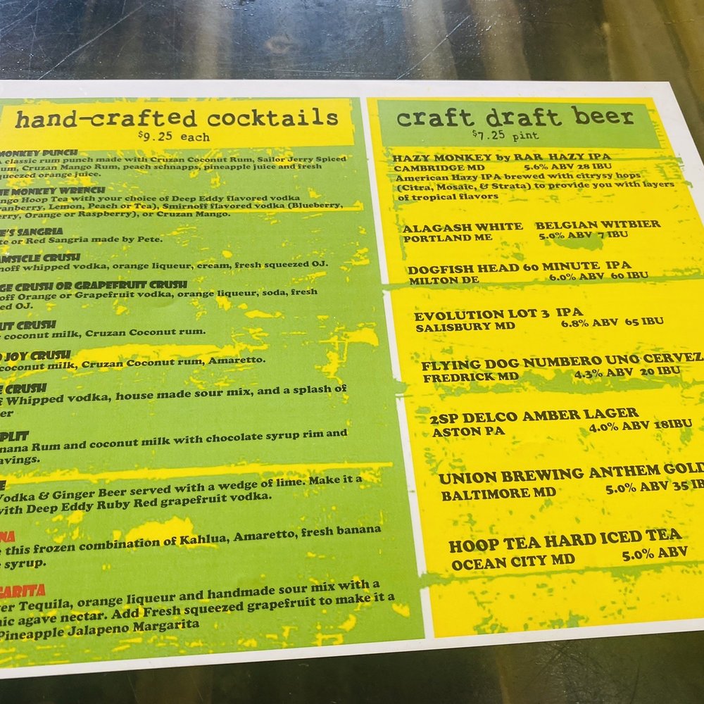 Bad Monkey - Drink Menu - Burgers Near Me - Ocean City, Maryland