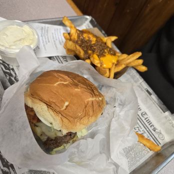 Bennett's Grill and Cafe - Double bacon cheeseburger with chili cheese fries. - Seafood Near Me - Calabash, North Carolina