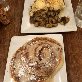 Spoons Cafe - Cinnamon Roll Pancakes with Maple Coffee Glaze and Southern Benedict - New American Near Me - Baltimore, Maryland Spoons Cafe - Cinnamon Roll Pancakes with Maple Coffee Glaze and Southern Benedict - New American Near Me - Baltimore, Maryland