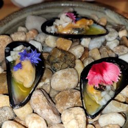 Smoked mussels with pear, fennel, and Thai basil