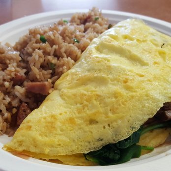 Button Up Cafe - Mushroom and spinach omelet with fried rice - Breakfast & Brunch Near Me - Pearl City, Hawaii Button Up Cafe - Mushroom and spinach omelet with fried rice - Breakfast & Brunch Near Me - Pearl City, Hawaii