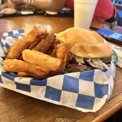 Off the Wall - Burger/pulled pork with coleslaw sandwich