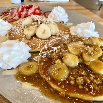 Scrambled - Flight of 3 Pancakes! Banana Walnut, Banana Crunch, and Strawberry. - Breakfast & Brunch Near Me - Henderson, Nevada Scrambled - Flight of 3 Pancakes! Banana Walnut, Banana Crunch, and Strawberry. - Breakfast & Brunch Near Me - Henderson, Nevada