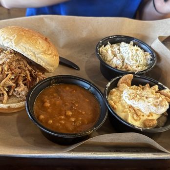 Mission BBQ - Pulled pork sandwich with baked beans, slaw and banana pudding. - Barbeque Near Me - Chattanooga, Tennessee