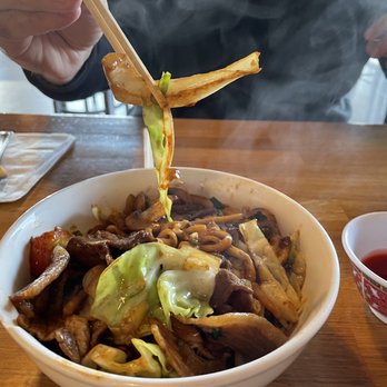 GK Mongolian BBQ - My bowl of stir fry with pork, tofu, cabbage, onion, tomato and noodle. - Mongolian Near Me - Rocklin, California
