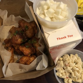 Hansang Tofu - Half soy garlic fried chicken and radish, macaroni salad with box of jap chae noodles below and some rice. - Korean Near Me - Milpitas, California Hansang Tofu - Half soy garlic fried chicken and radish, macaroni salad with box of jap chae noodles below and some rice. - Korean Near Me - Milpitas, California