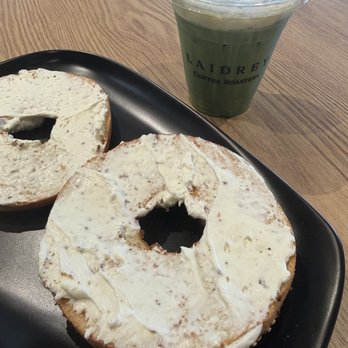 Laidrey Coffee Roasters - Everything bagel with cream cheese and a matcha latte - Coffee Roasteries Near Me - Tarzana, California