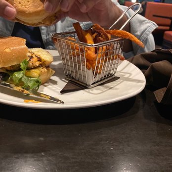 Route 1 Grill House - Salmon Burger with sweet potatoe - Bars Near Me - Saugus, Massachusetts Route 1 Grill House - Salmon Burger with sweet potatoe - Bars Near Me - Saugus, Massachusetts
