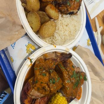 Dizzy Bird - I got 1/2 Chicken Plate with rice and potatoes, and my dad got the 1/2 Chicken Plate with corn and sweet potato - Chicken Shop Near Me - Irvine, California