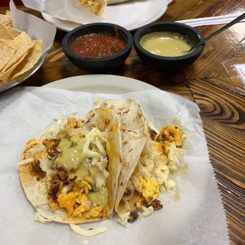 Taquerias Arandinas - Egg and chorizo breakfast tacos. Both hot sauces are great! - Mexican Near Me - Round Rock, Texas