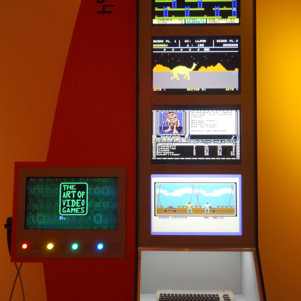 Frost Art Museum - The Art of Video Games exhibit. Here is the C64 gaming console with sample games involving action, target, adventure, and tactics. - Art Museums Near Me - Miami, Florida