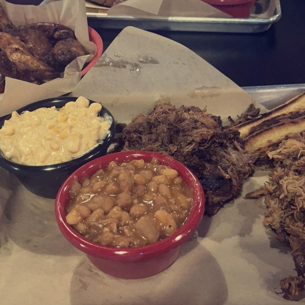 Pulled Pork, Cheesy Corn, Chopped Brisket, baked BBQ Beans, Texas toast and Smoked Wings. Pulled Pork, Cheesy Corn, Chopped Brisket, baked BBQ Beans, Texas toast and Smoked Wings.