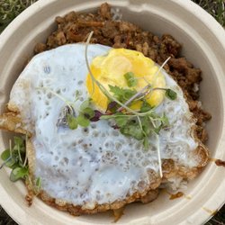 Thai Chili Food Truck - Thai basil pork with fried egg. This is a deep bowl and was enough food for two of us! Definitely spicy.