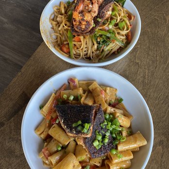 Cori's Modern Kitchen & Bar - Spicy Creole Salmon Pasta, Brussel Sprout Zucchini Pasta (added shrimp and salmon) - New American Near Me - Washington, DC, District of Columbia