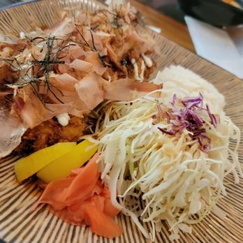Katsuya - Chicken katsu (sweet sauce, mayo and bonito flakes) served with cabbage - Japanese Near Me - Toronto, Ontario